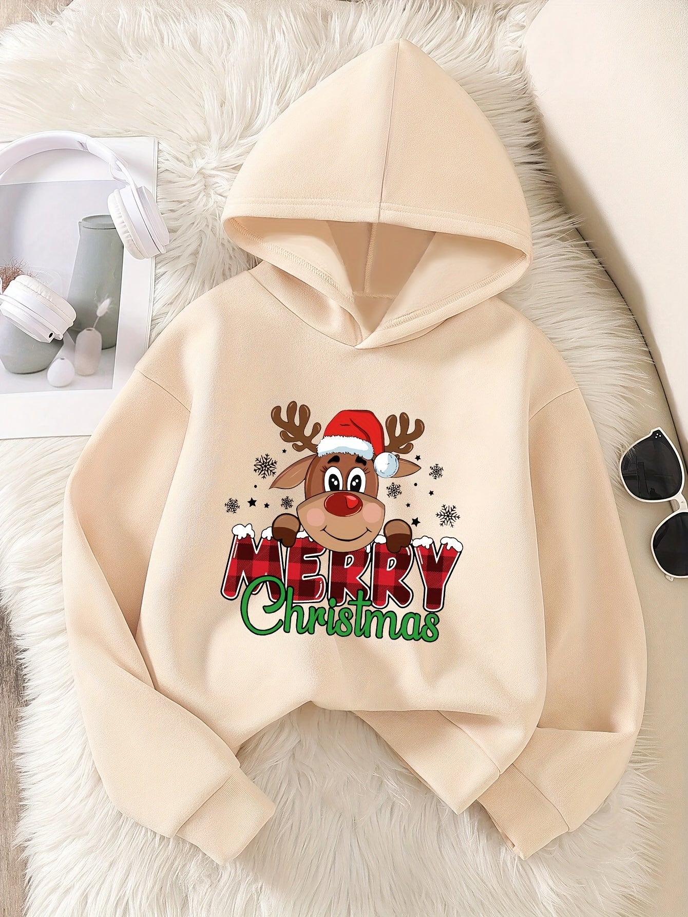 100% Polyester Kids' Christmas Fashion Hoodie for Ages 12 and Under - Reindeer & Letter Print Applique, Slight Stretch, Loose Fit Casual Pullover Hooded Sweatshirt for Fall/Winter