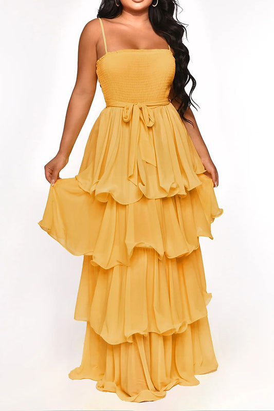 storexq Solid Color Stunning Lace-Up Tiered Ruffle Maxi Dress