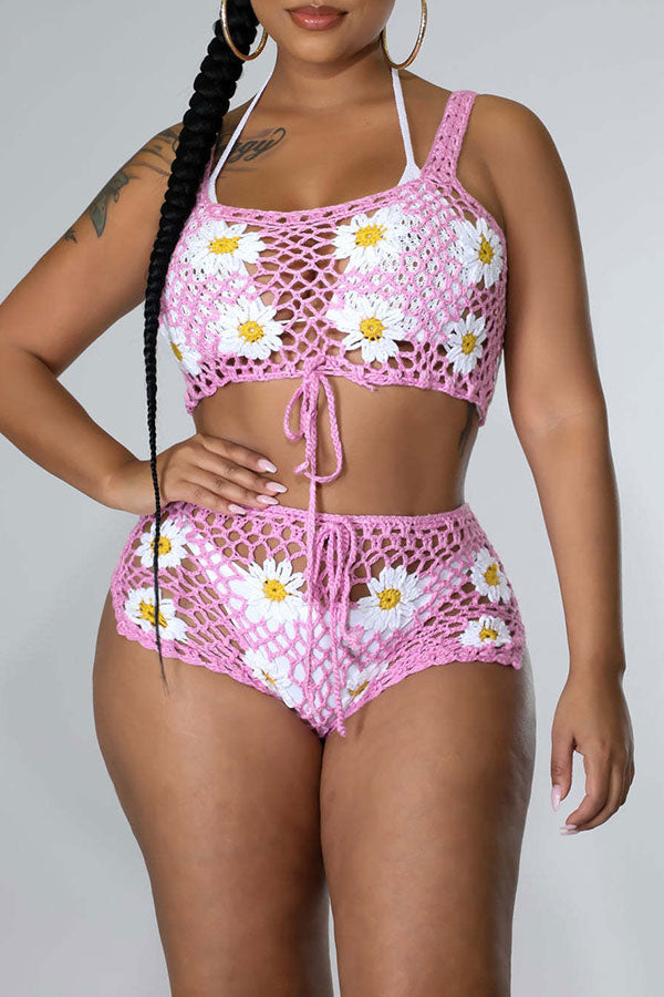 storexq Flower Pattern Pretty Crochet Cutout Drawstring Pant Suit Beachwear