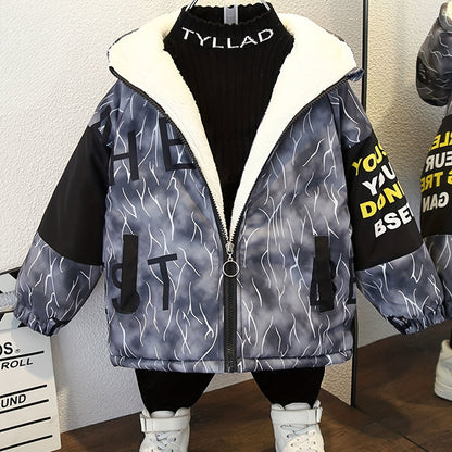 Boys Winter Thickened Coat Ink Splashes And Letters Print Hooded Jacket Boys Windproof Thick Warm Coat Jacket