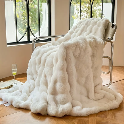 1pc Decorative Soft Thick Fuzzy Faux Rabbit Fur Throw Blanket For Couch Sofa, Reversible Plush Warm Fleece Fluffy Blanket For Winter, Luxury Cute Cozy Furry Blanket For Bed, Cream White