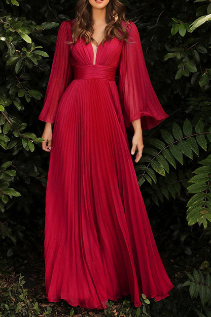 storexq Solid Color Deep V Neck Elegant Pleated Maxi Dress