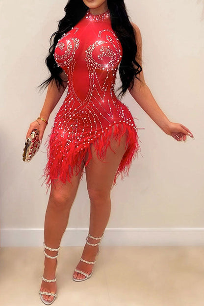 storexq Rhinestone Party See-Through Irregular Feather Hem Mini Dress