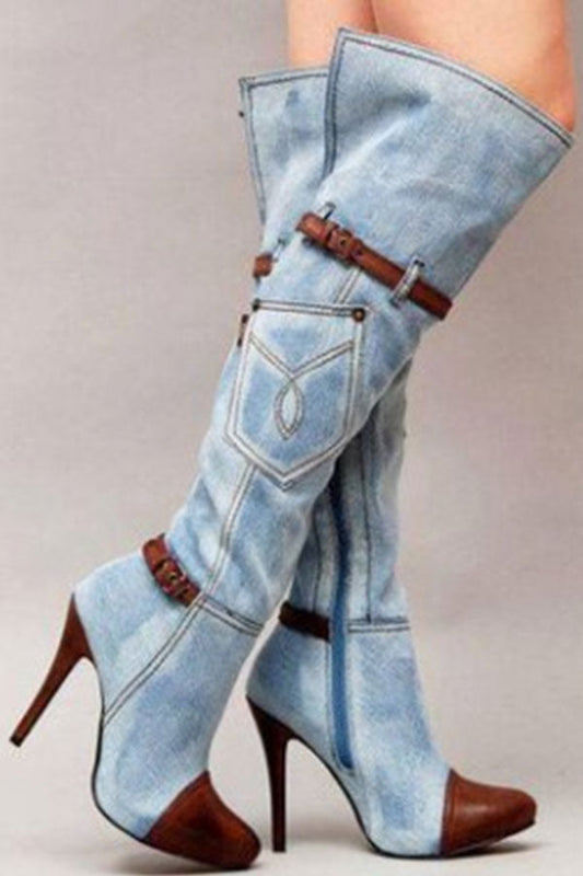 storexq Denim Patchwork Funky Buckled Boots