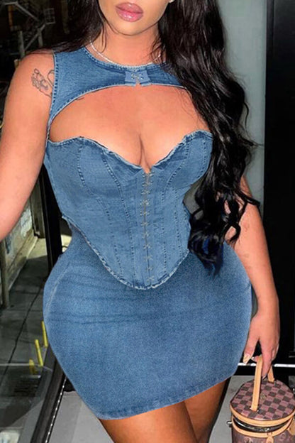 namcoverse Solid Color Hot Cutout Bodycon Denim Mini Dress