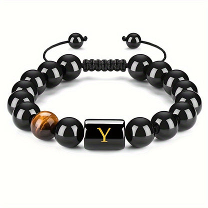 1pc Stunning 26-Letter 10MM Synthetic Stone Bead Adjustable Rope Chain Woven Bracelet - Fashionable Accessory for Men and Women - Ideal Gift for Friends and Family - Durable and Comfortable to Wear