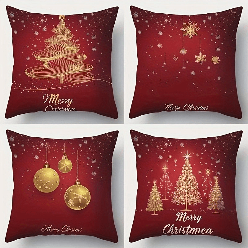 4-Piece Set of Christmas Pillows, 17.2"x17.2" each, Red Christmas Tree & Ornament Print, Zipper Closure, Soft Polyester Fiber, Contemporary Style, Machine Washable, Living Room Sofa Decor