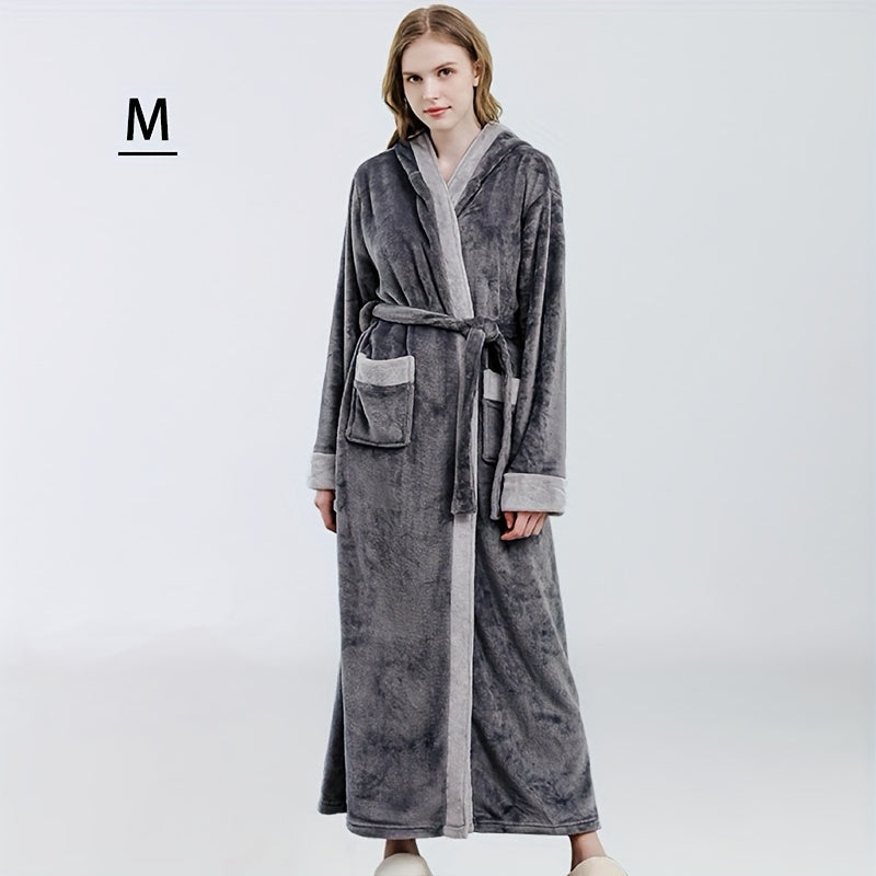 1pc Autumn And Winter Bathrobe, Soft And Skin-friendly Hooded Long Sleeve Bathrobe, Thickened Nightgown With Pocket, Warm Long Robe For Home, Bathroom Supplies