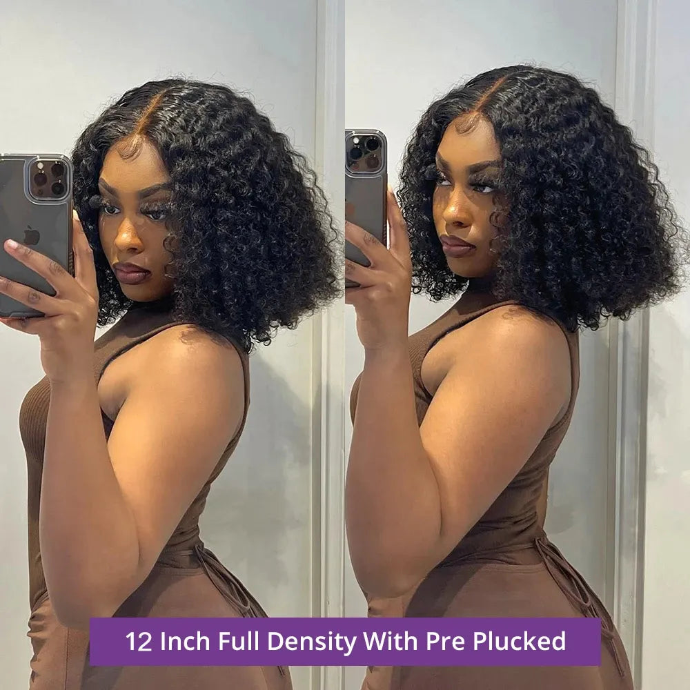 Bob Lace Wig Black Curly For Women Deep Water Curly Wave Human Hair Wigs 100% Remy Natural Hair Short Closure T Part Wig