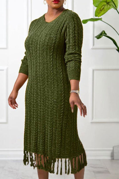 namcoverse Solid Color Twist Knit Laid Back Tassel Midi Dress