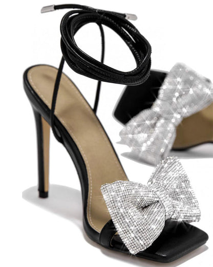 storexq Rhinestone Bow Stunning Square Toe Sandals