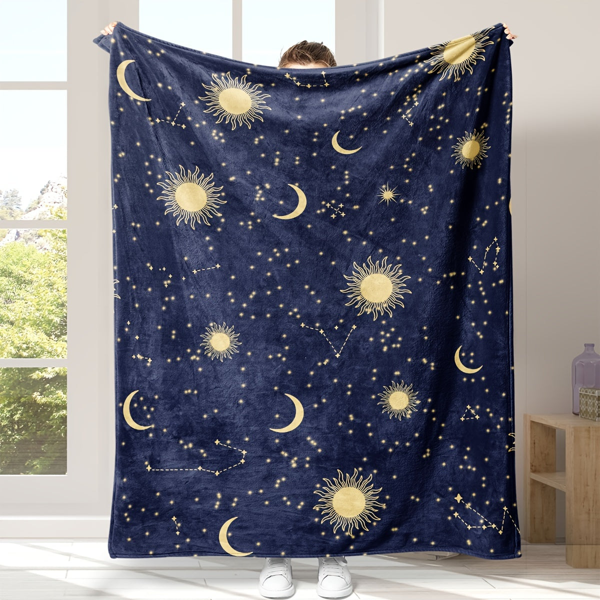 Contemporary Celestial Design Flannel Throw Blanket - Hypoallergenic Cozy Lightweight, Machine Washable, Digital Print, All-Season Multipurpose Polyester Bedding with Sun, Moon, and Stars Pattern