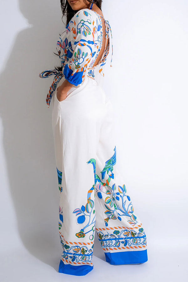 storexq Natural Print Tropical Belted Wide Leg Jumpsuit