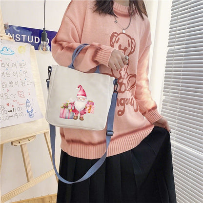 1pc Festive Canvas Christmas Handbag for Women, Santa Claus Print, Detachable Shoulder Strap, Multi-Functional Tote/Shoulder/Messenger Bag with Buckle Closure