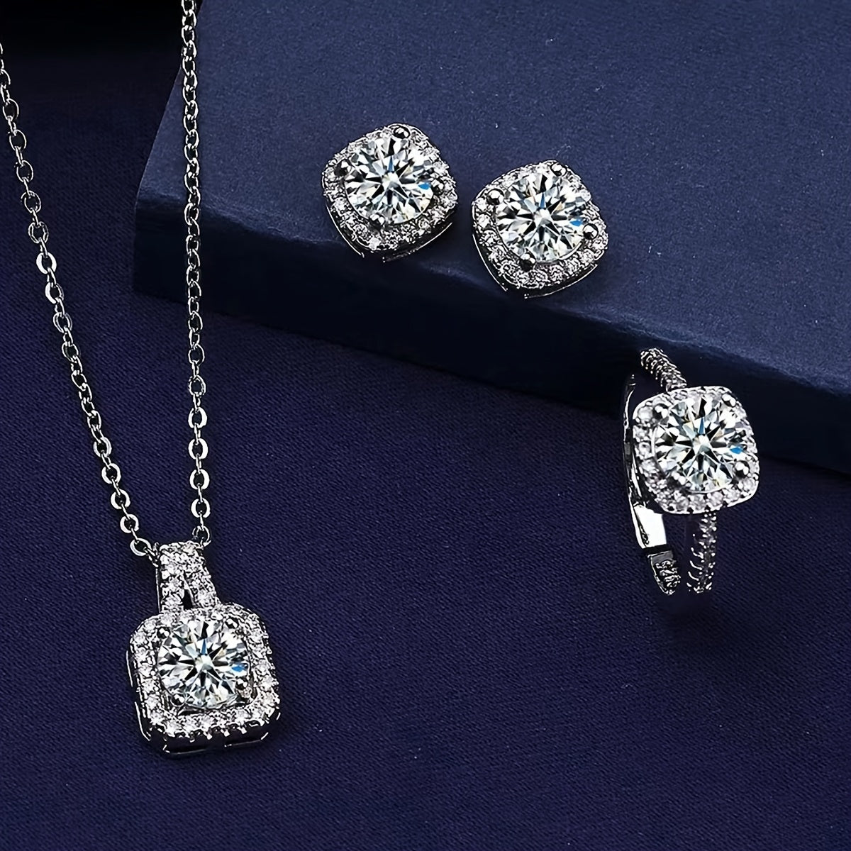 Cuboid Shiny Zircon Inlaid Stud Earrings & Pendant Necklace & Ring Elegant Luxury Style Delicate Female Gift