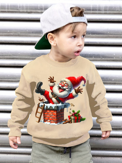 Boys' Cozy Fleece-Lined Christmas Sweatshirt with Santa & Chimney Print - Casual Long Sleeve Pullover for Fall/Winter