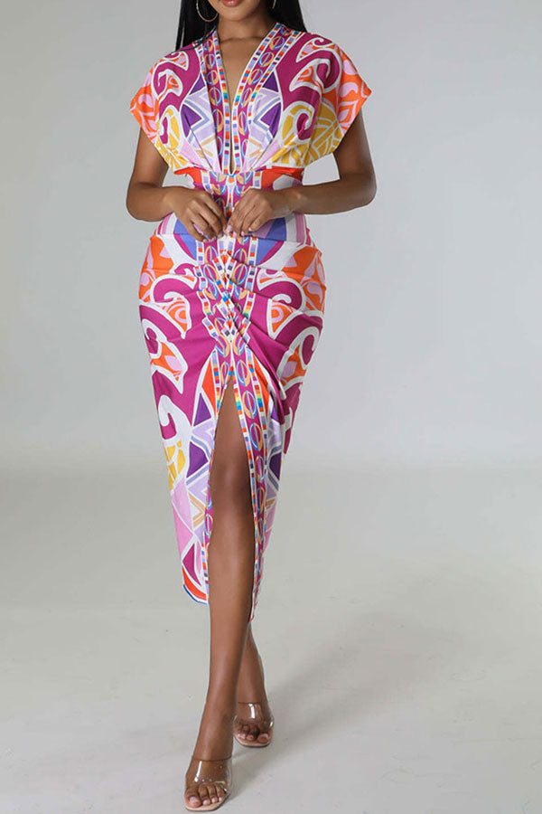 storexq Tribal Print Feminine Draped High Split Midi Dress