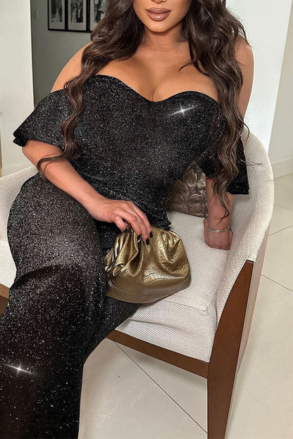 storexq Solid Color Shimmery Strapless Ruffle Sleeve Jumpsuit