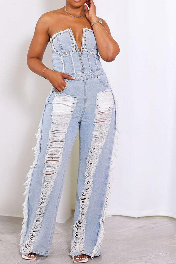 storexq Rivet Decor Undeniable Ripped Burrs Denim Jumpsuit