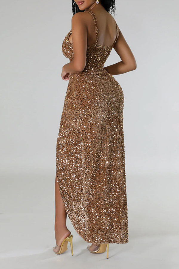 namcoverse Sequined Deep V Neck Simple High Split Midi Dress