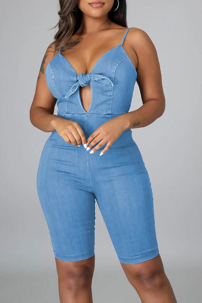 storexq Solid Color Bowknot Elegant Denim Romper