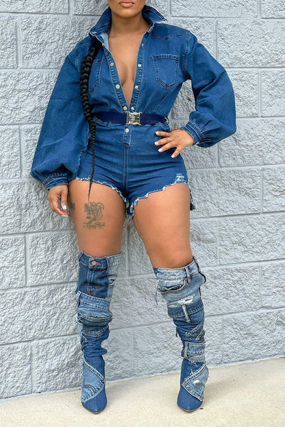 storexq Denim Bowknot Stunning Puff Sleeve Romper