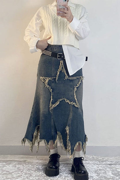 storexq Star Applique Tassel Chic Irregular Denim Skirt