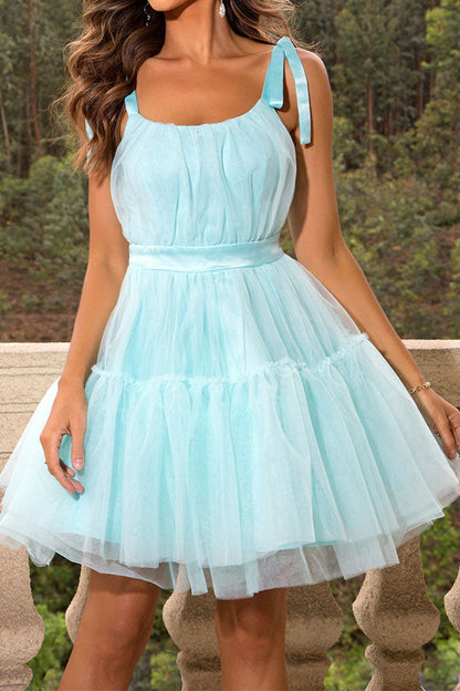 storexq Solid Color Tie Shoulder Girly Tulle Bubble Mini Dress