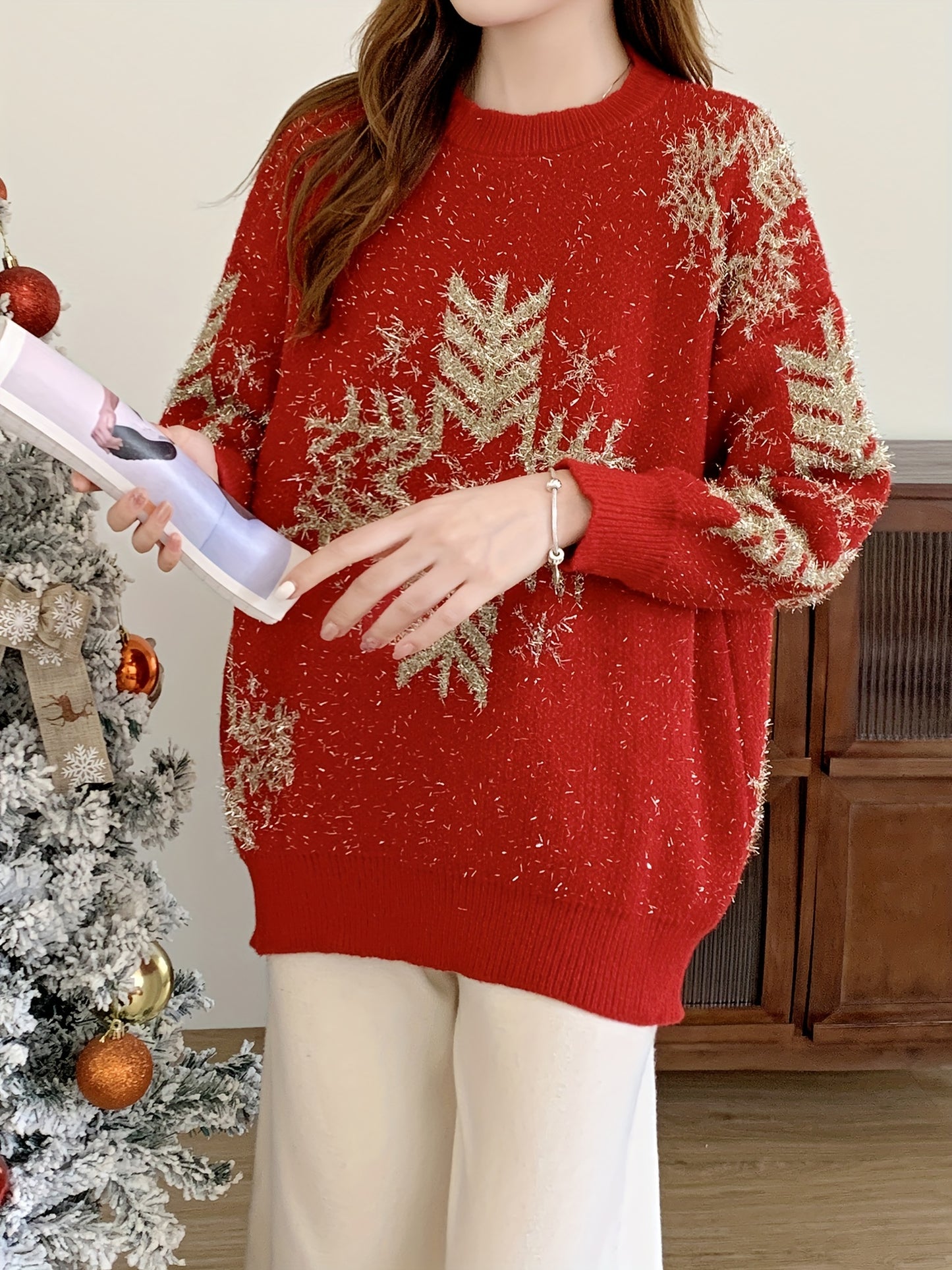 Cozy Women's Christmas Snowflake Pattern Crew Neck Pullover Sweater, Casual Long Sleeve Loose Fit Sweater for Winter