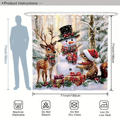 1/4pcs Christmas Winter Wonderland Shower Curtain Set - Waterproof Polyester, Washable, Non-Slip, Animal Print, U-Shaped Toilet Lid Cover, 12 Hooks, No Lining, Polyester Woven - Complete Bathroom Decor for Holiday Season