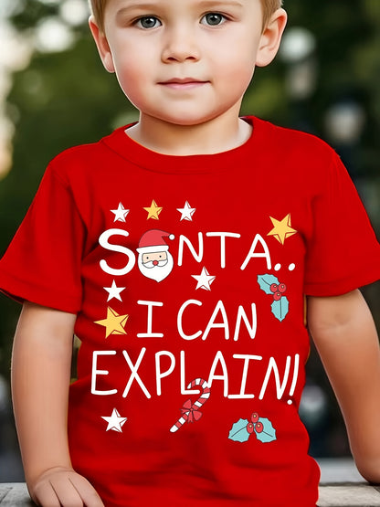 Kids Christmas Graphic Tee - Casual Polyester Crew Neck T-Shirt with Santa and Letter Print, Applique Detail, Slight Stretch, Regular Fit, Knit Fabric for Children 12 and Under - Summer Holiday Fashion Top