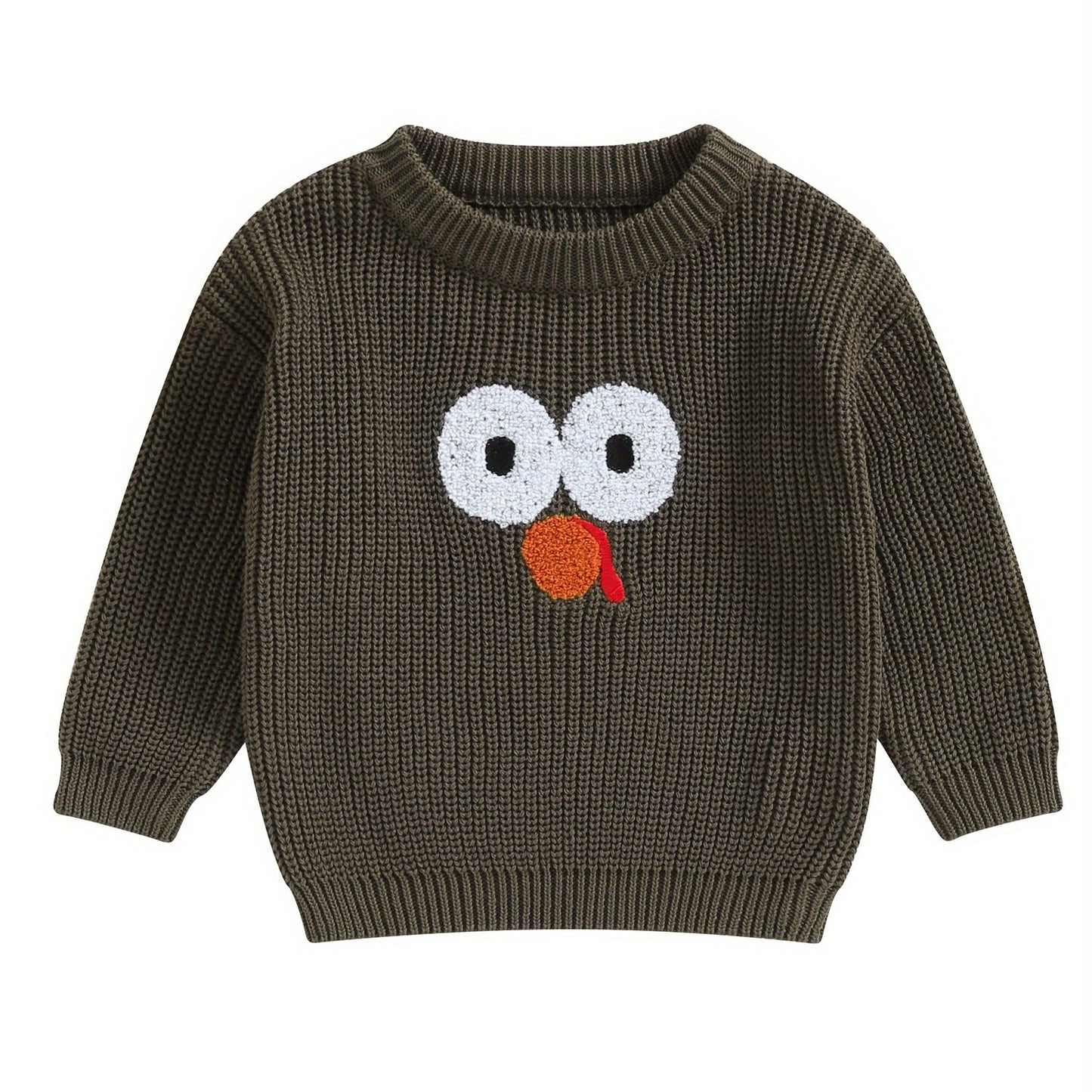 0-5 Years Adorable Turkey Embroidery Crew Neck Sweater - Soft, Long Sleeve, Fall Pullover for Kids, Boys, Girls - Thanksgiving Day Gift, Casual, Comfortable, Warm, Cozy Tops for Autumn