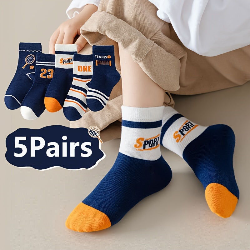 5 Pairs Of Boy's Trendy Cartoon Striped Letter Pattern Color Block Crew Socks, Breathable Comfy Casual Style Unisex Socks For Kids Outdoor All Seasons Wearing