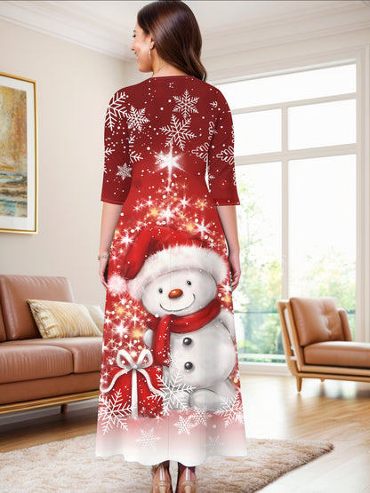 Elegant Women's Christmas Snowman Print Dress - Casual 3/4 Sleeve, Crew Neck with Ring Detail, Stretchy Polyester Blend, Machine Washable