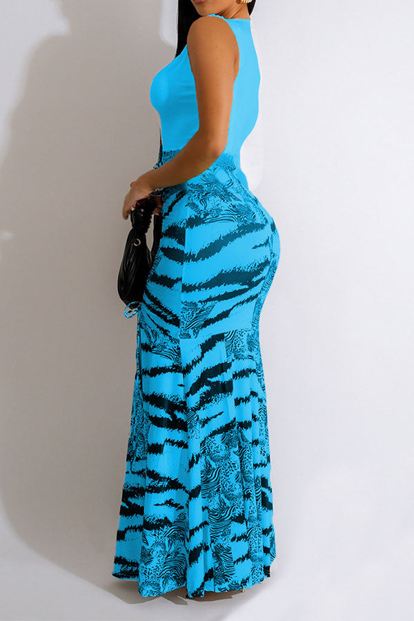 storexq Zebra Print Patchwork Urban High Split Maxi Dress