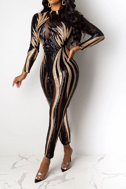 storexq Sequined Round Neck Retro See-Through Jumpsuit