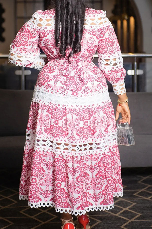 namcoverse Tribal Print Retro Lace Patchwork Midi Dress