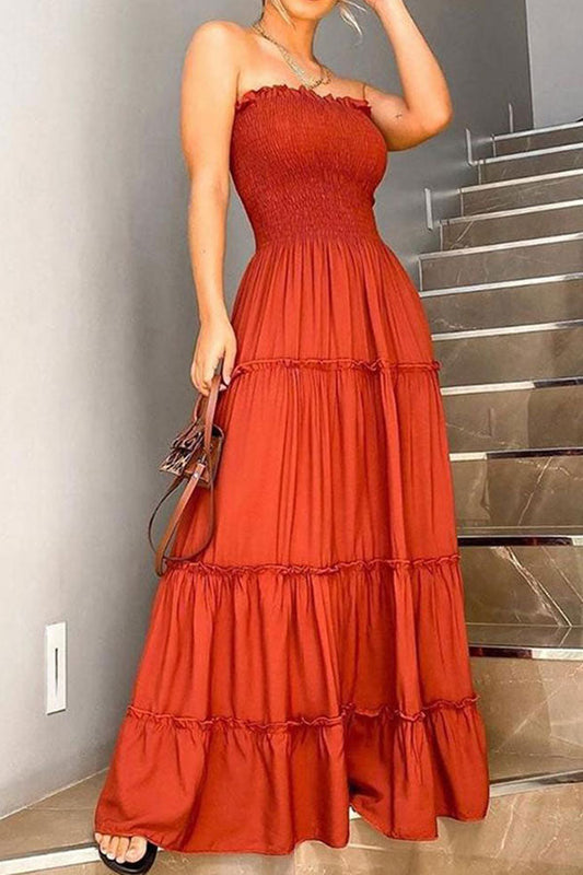 storexq Solid Color Strap Shirred Elegant Tiered Maxi Dress