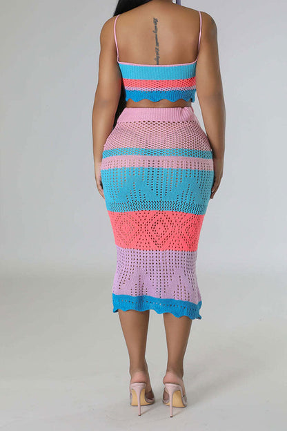 storexq Color Block Tropical Knitted Cutout Dress Suit