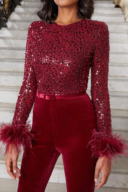 storexq Sequined & Feather Decor Elegant Belted Jumpsuit