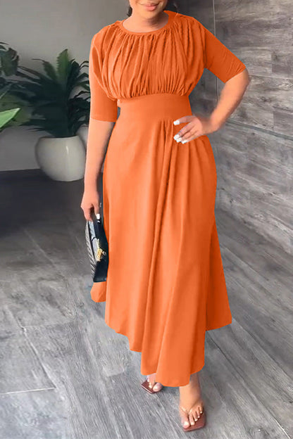 storexq Solid Color Stunning Pleated Detail Irregular Hem Midi Dress