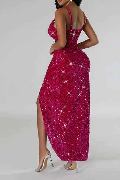 namcoverse Sequined Deep V Neck Simple High Split Midi Dress