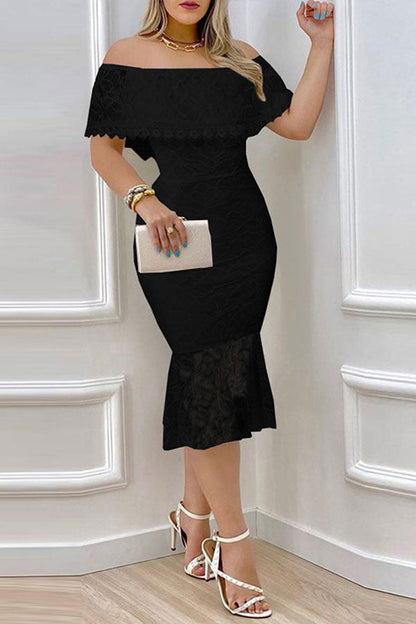 storexq Lace Stunning Off Shoulder Ruffle Midi Dress