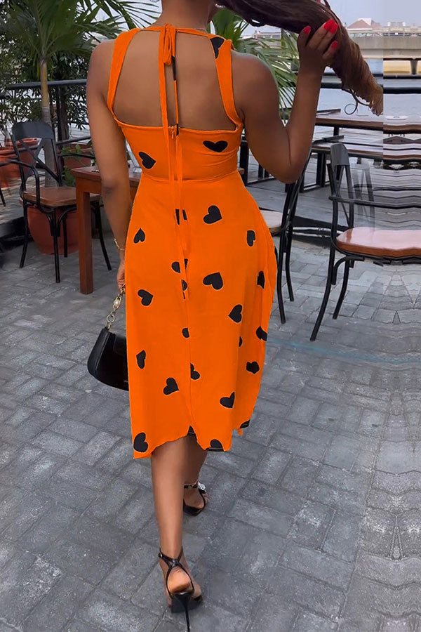 namcoverse Heart Print Sweet Tie Back Drawstring Midi Dress