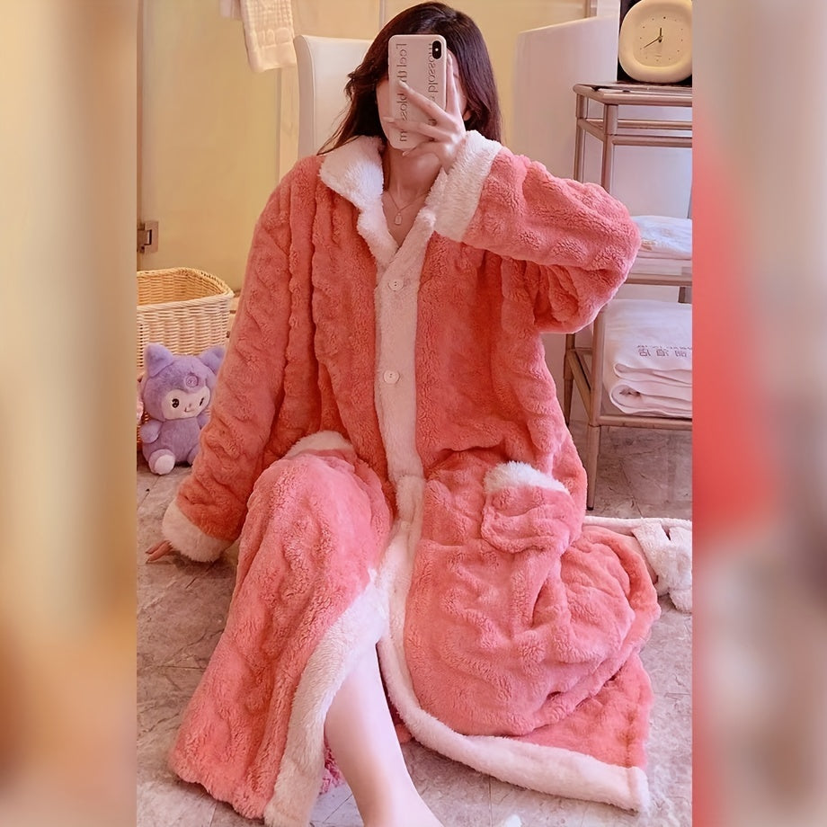 1pc Plush Coral Fleece Bathrobe - Soft, Thickened, Long Sleeve Nightgown for Women - Luxurious Sleepwear and Loungewear for Autumn and Winter - Bathroom Essentials