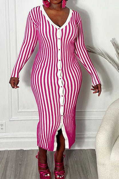 namcoverse Vertical Striped V Neck Classic Button Midi Dress