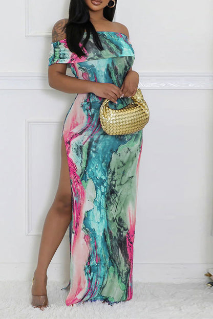 storexq Watercolor Print Off Shoulder Flattering Side Slit Midi Dress