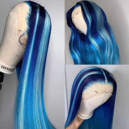 Straight Highlight Blue Lace Frontal Wigs Human Hair Wig For Women Brazilian Glueless Full Lace Front Wig Synthetic Heat Resistant