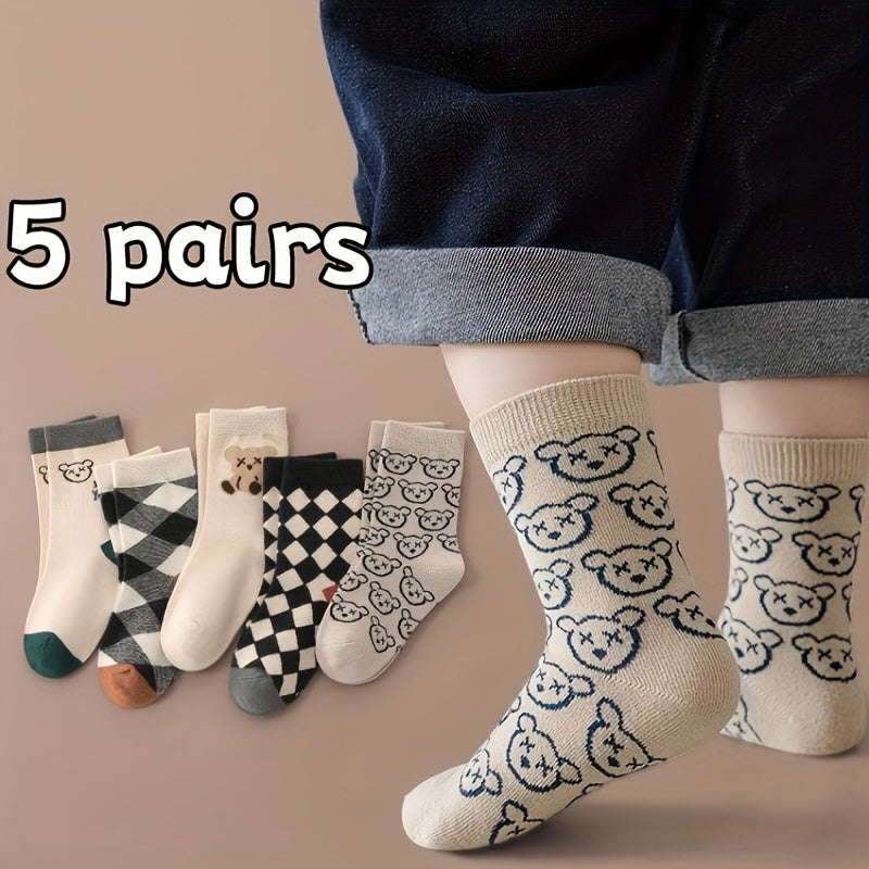 5 Pairs Of Boy's Trendy Cartoon Checkered Crew Socks, Breathable Comfy Casual Style Unisex Socks For Kids Outdoor All Seasons Wearing