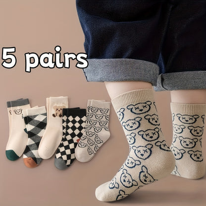 5 Pairs Of Boy's Trendy Cartoon Checkered Crew Socks, Breathable Comfy Casual Style Unisex Socks For Kids Outdoor All Seasons Wearing